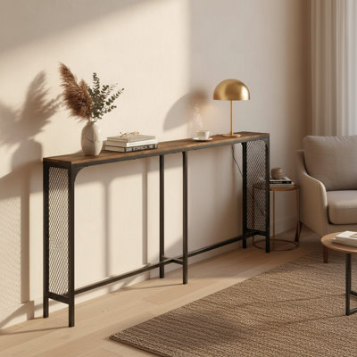 Console étroite 71 "avec prises et USB-C, structure en métal, brun rustique