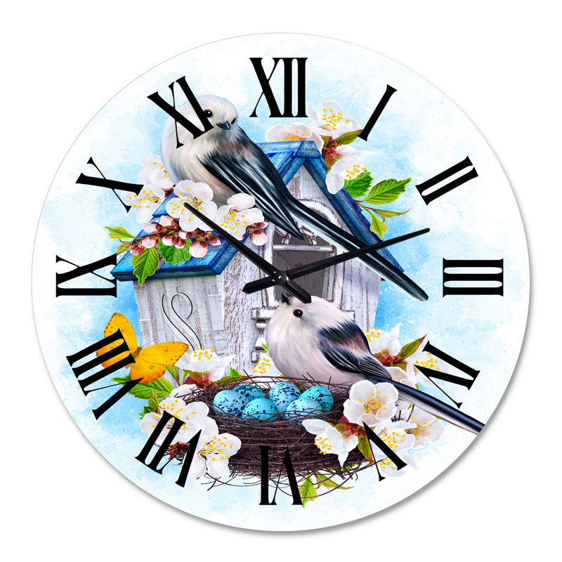 Deux oiseaux mésanges assis près du nid avec œufs II - Horloge murale traditionnelle, Surdimensionné