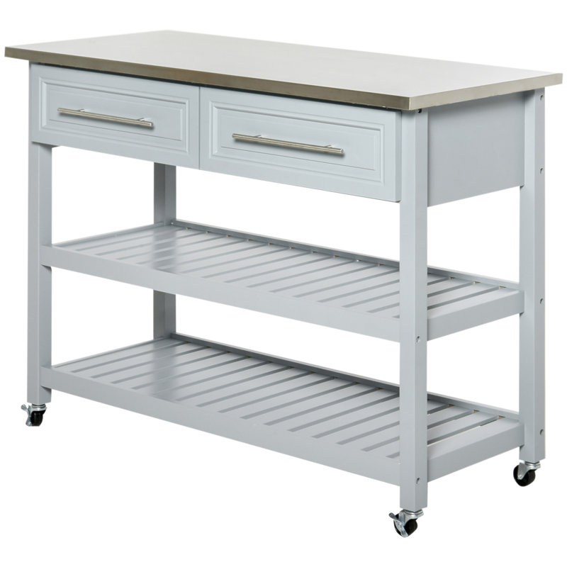 Kitchen Island With Stainless Steel Top, Traditional Kitchen Island With Storage, 2-Tier Open Shelves, Drawers