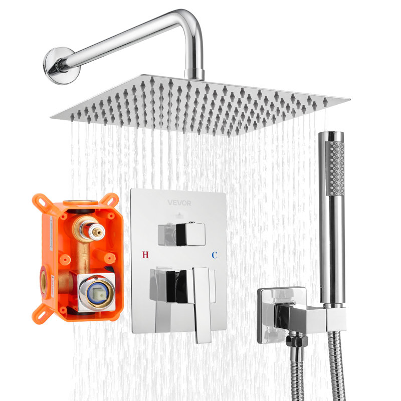 Shower Faucet Set, Rainfall Bathroom Shower System with 10-Inch (25.4cm) Square Rain Shower Head and Handheld Spray, Wall Mounted Bath Fixtures with Brass Valve and Trim Kit, Matte Black