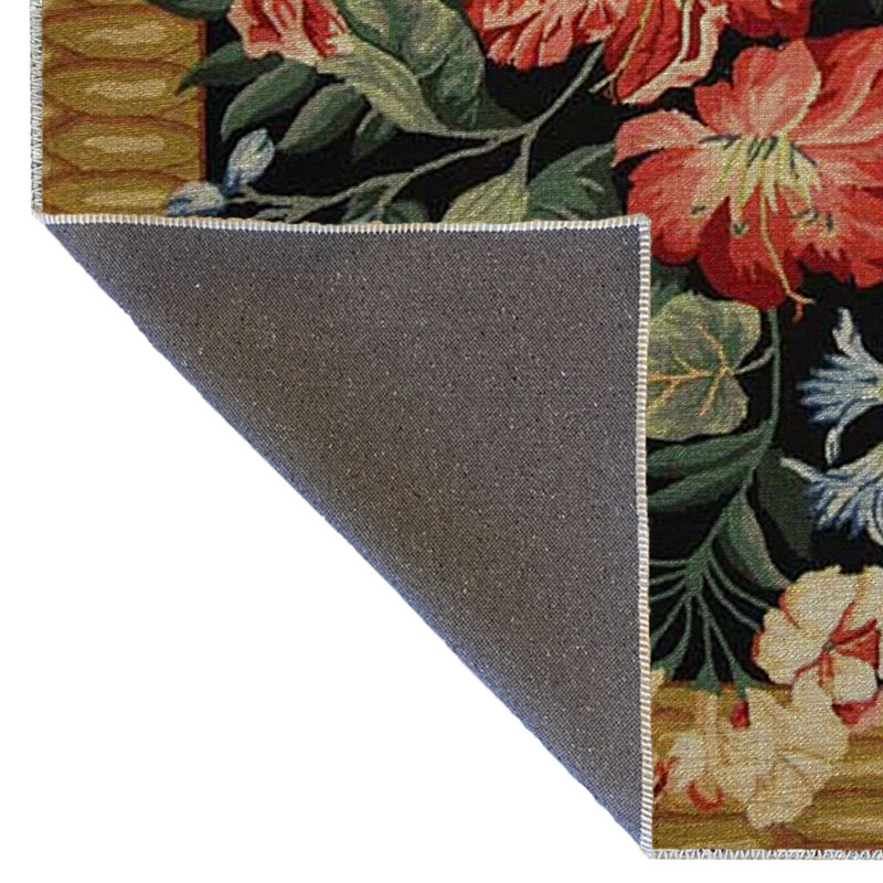 Tapis décoratif noir et jaune multicolore à motif de roses et de fleurs, Rectangle 3 pi 10 po x 4 pi 11 po