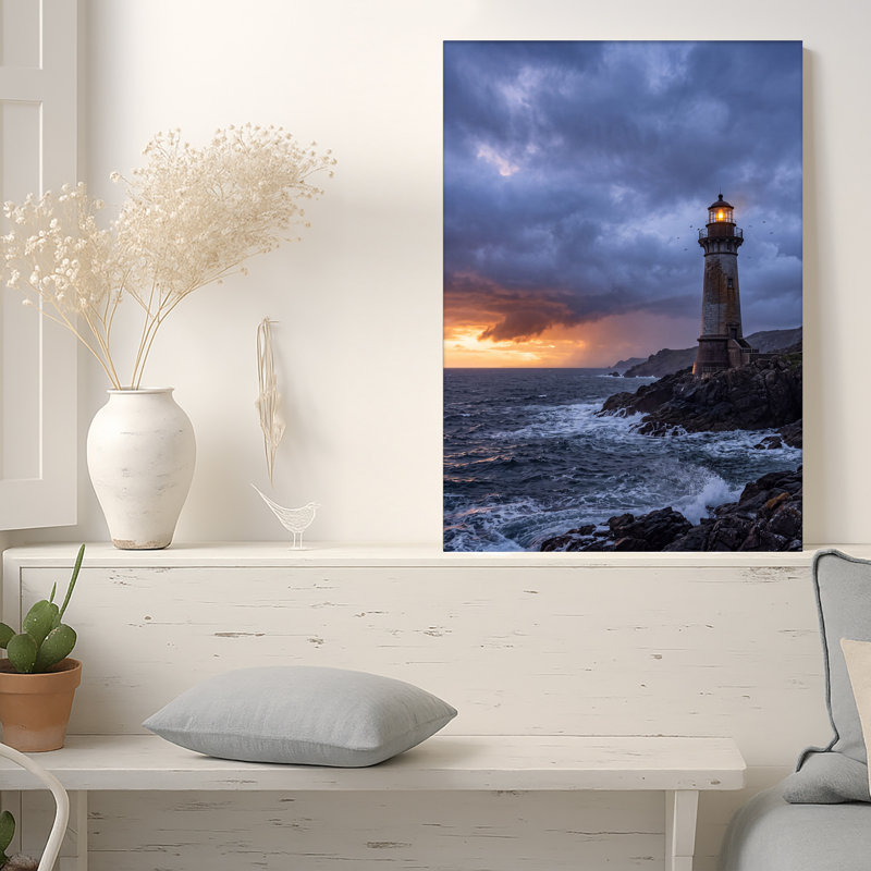 Art mural sur toile, "Phare lumineux" sur une côte rocheuse sous des nuages dramatiques, H 36 po x l 24 po