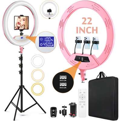 Anneau lumineux 22 pouces à DEL avec support, 512 ampoules à DEL, trépied de 75 pouces, gradateur 2600K-6500K, télécommande Bluetooth, 4 supports pour téléphone, 2 ports USB pour la diffusion en direct, maquillage, Tiktok, photographie