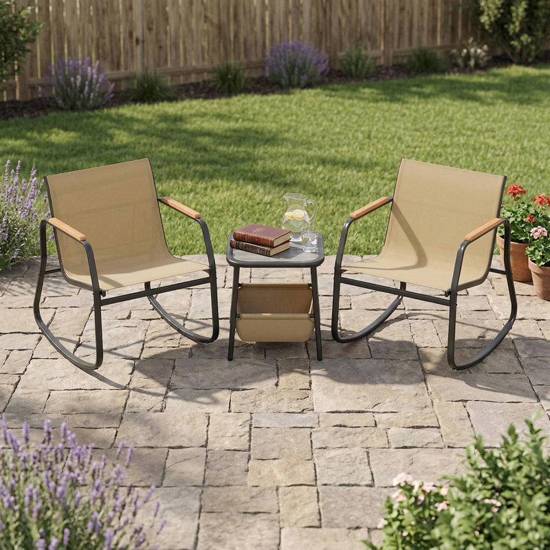 Ensemble bistro 3 pièces toutes saisons, 2 chaises berçantes à glissement en douceur, 1 table d'appoint robuste avec sac de rangement assorti pratique, convient au patio, à la cour ou à la terrasse