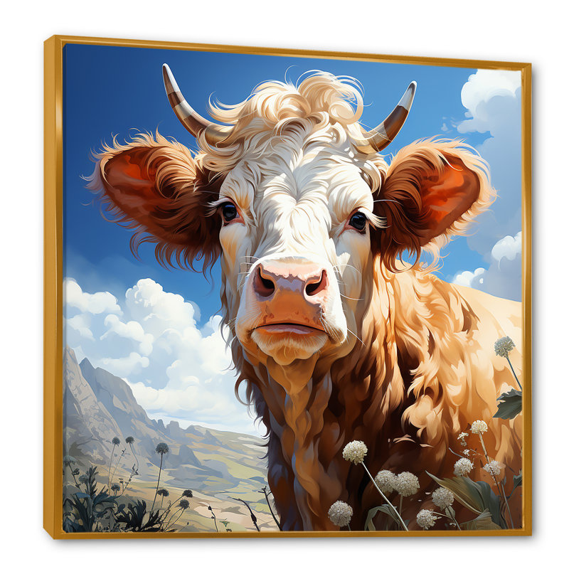 Portrait de vache dans une prairie fleurie - vache, art mural, H 16 po x l 16 po x P 1 po, Cadre flottant doré