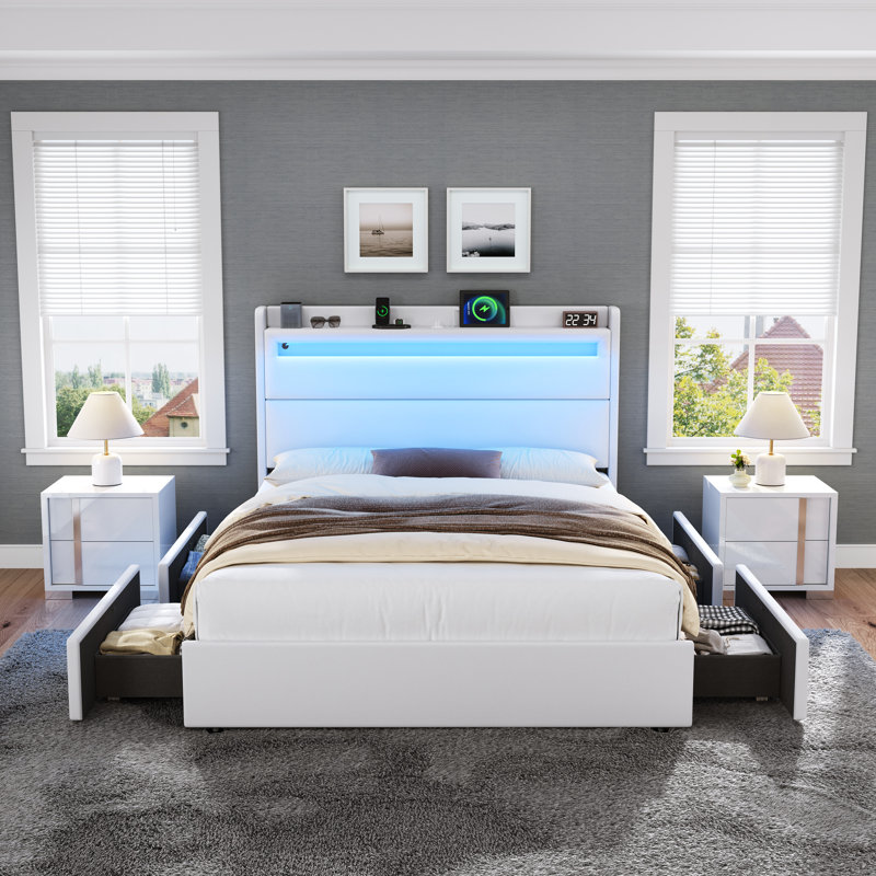 Upholstered Wingback Storage Bed Frame, Led Lights Headboard&4 Storage Drawers, Queen, White