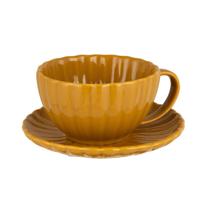 Tasse en grès nervuré avec soucoupe en glacis réactif