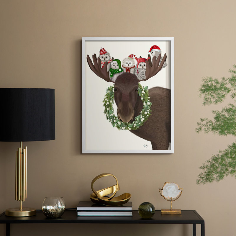 «Christmas Moose and Christmas Owls», reproduction encadrée - bois massif, H 21 po x l 17 po, Cadre blanc