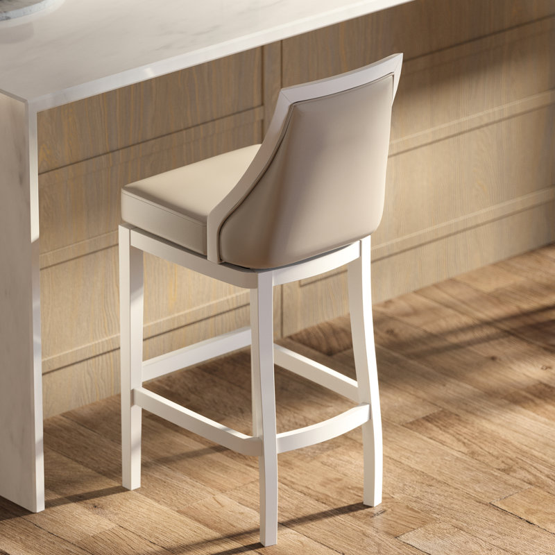 Tabouret de bar de 31 po de hauteur avec pivot et dossier haut, corps blanc, siège en similicuir gris, siège à 180 degrés à retour automatique, l 18,5 po x P 17 po, finition lumineuse spacieuse et confortable, pour un nettoyage sans effort, plastique