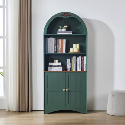 Armoire de rangement arquée avec appliques décoratives, buffet en panneau de fibres à densité moyenne anti-égratignures, tablettes et charnières réglables, sangle anti-basculement, armoire à vin de rangement autoportante pour le salon et la salle à manger