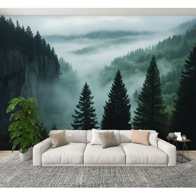 Décoration murale thème de la nature paysage de forêt de montagne brumeuse, arbres de brouillard, brouillard, papier peint adhésif H 100 po x l 144 po pour chambre à coucher