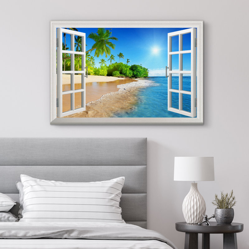 Fenêtre, paysage, ciel bleu ensoleillé, plage tropicale, palmiers côtiers, reproduction d'art sur toile, L 24 po x H 16 po
