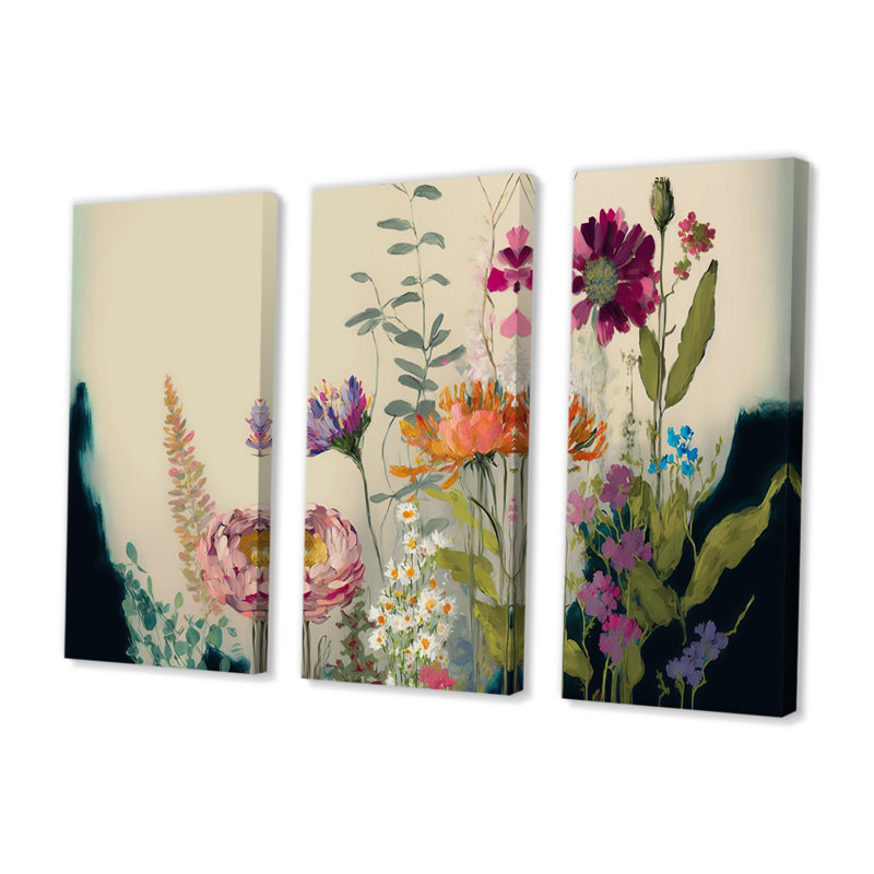 «Painted Blossoming Wildflowers I», reproduction d'art sur toile tendue 3 pièces, H 32 po x l 48 po x P 1 po