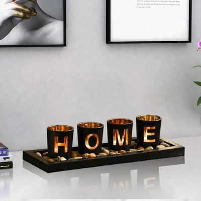 4 bougeoirs en verre avec plateau en bois 4 pièces