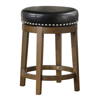 Tabouret rond pivotant à hauteur de comptoir 2, revêtement en similicuir noir avec garniture cloutée, structure en bois massif brun pour tabourets de salle à manger 2 pièces, revêtement, pièce de finition
