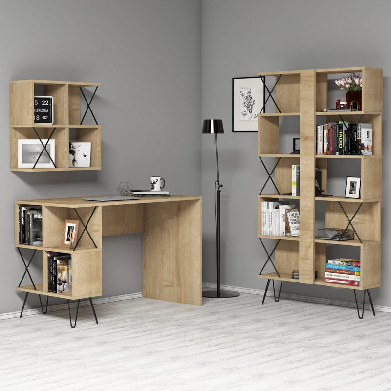 Janey 3 Piece Writing Desk Office Set, Oak