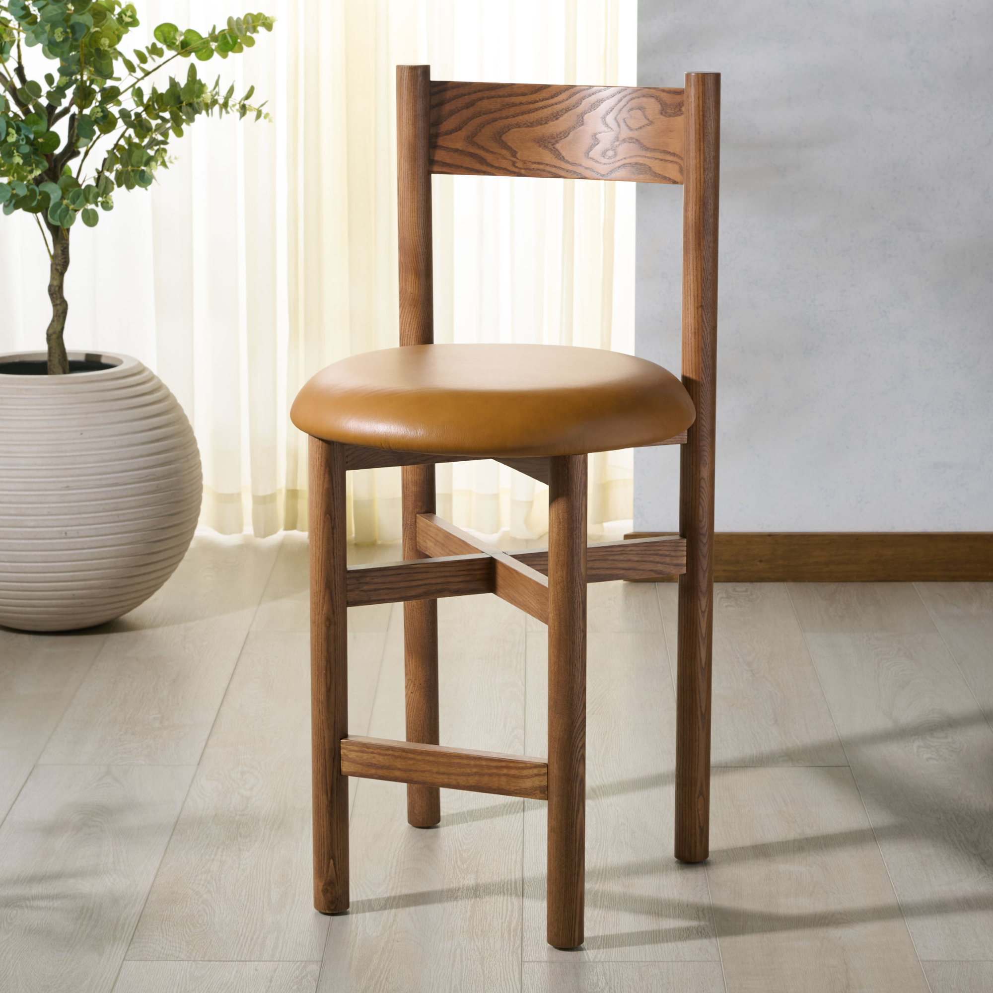 Zoyah Tayla Leather Counter Stool, Brown/Walnut