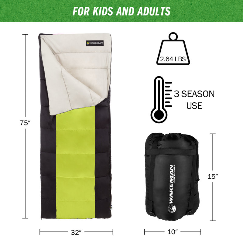 Wakeman Sleeping Bag - 3 Season Warm and Cool Weather Sleeping Bags for Adults, Teens, and Kids