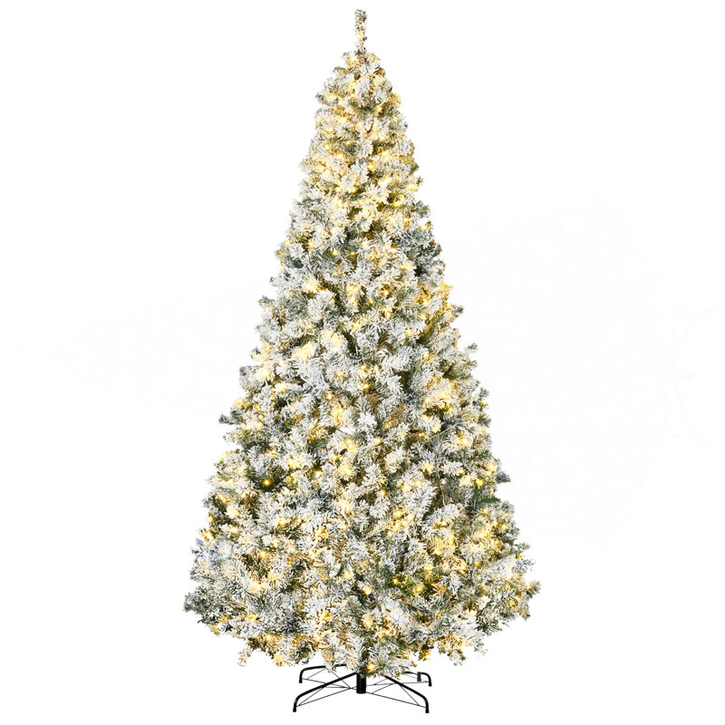 Grand arbre de Noël artificiel 9 pi avec 918 branches de neige floquées, 600 lumières DEL blanc chaud, ouverture automatique, vert
