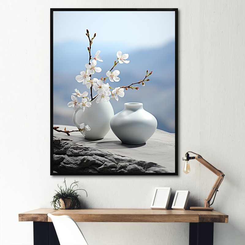 Art zen floral sur pierre spirituelle, Cadre flottant noir, H 32 po x l 16 po x P 1 po