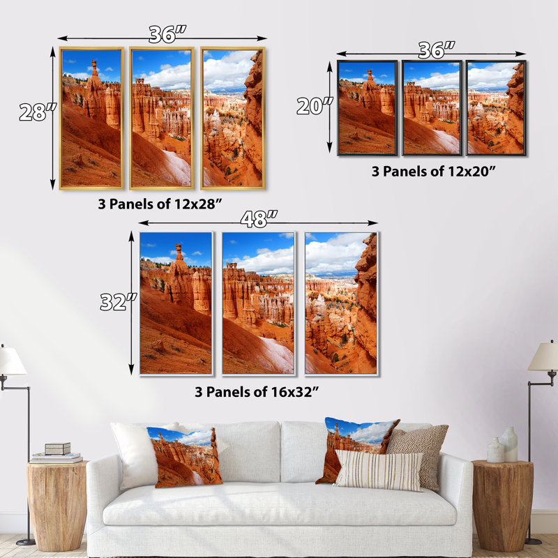 «Sandstone Hoodoos In Bryce Canyon», ensemble de 3 toiles encadrées, L 36 po x H 28 po, Cadre noir
