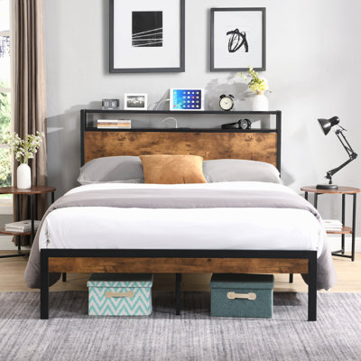 Très grande base de lit plateforme en métal avec tête de lit et pied de lit en bois avec doublure USB, grand rangement sous le lit
