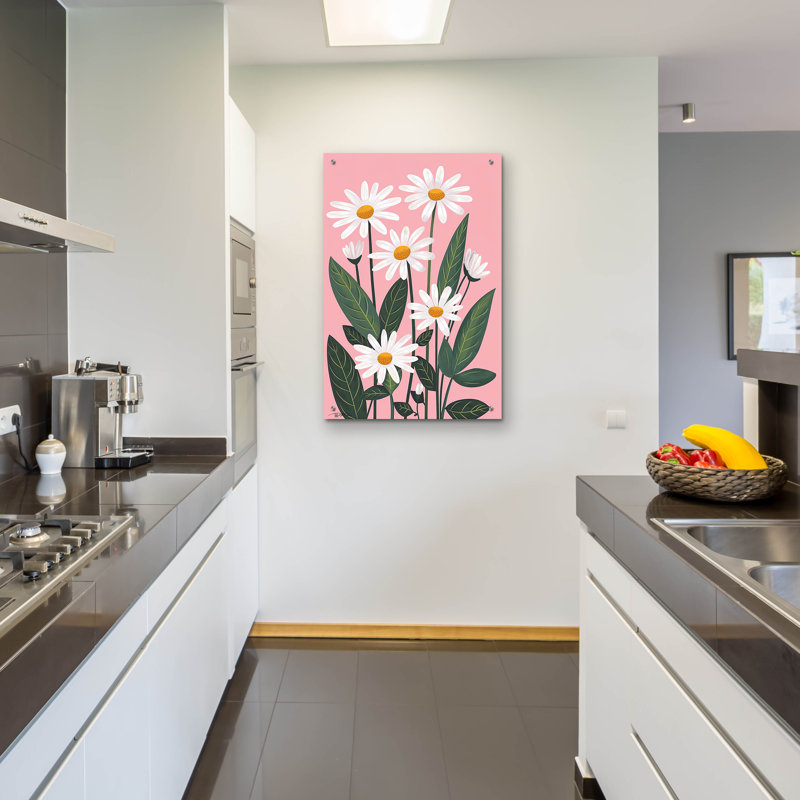 «Marguerites blanches sur fond rose» par Momart, art mural en verre acrylique, 24 po x 36 po, H 36 po x l 24 po x P 0,2 po