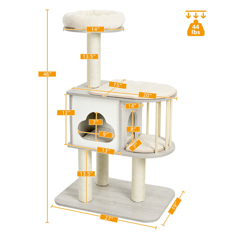 46'' Gray Wooden Cat Tree with Sisal Posts and Cushions