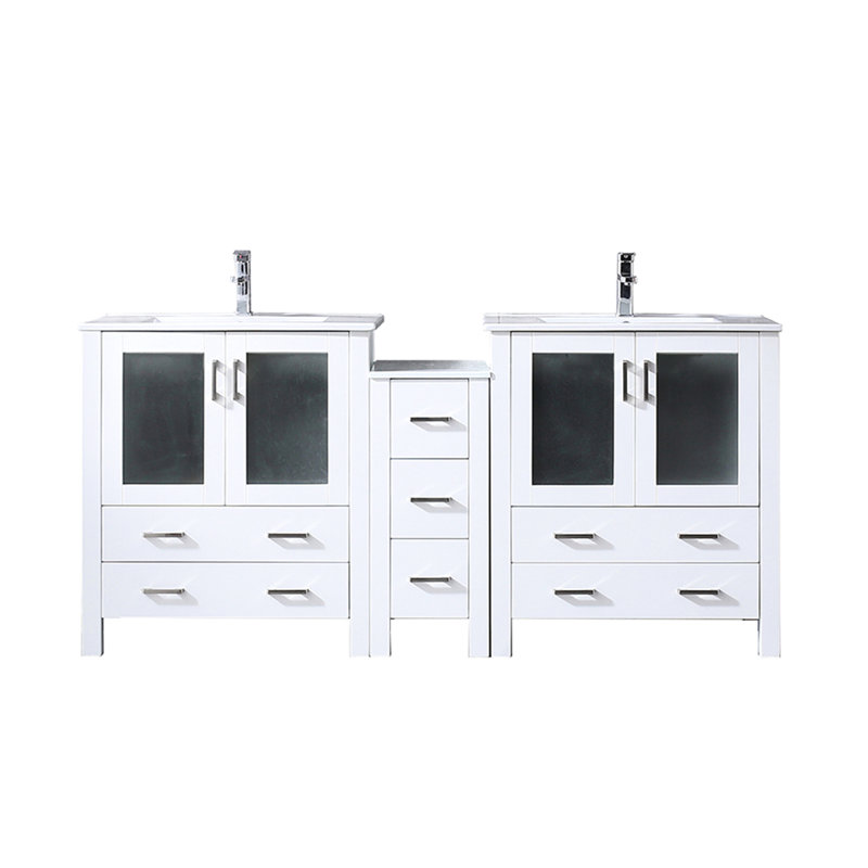 72 po Le meuble-lavabo double blanc W est livré avec une armoire latérale, un comptoir en céramique, un robinet, des tiroirs à fermeture douce, un grand espace de rangement dans les armoires et un comptoir Scratch, un robinet de salle de bain large à un trou,