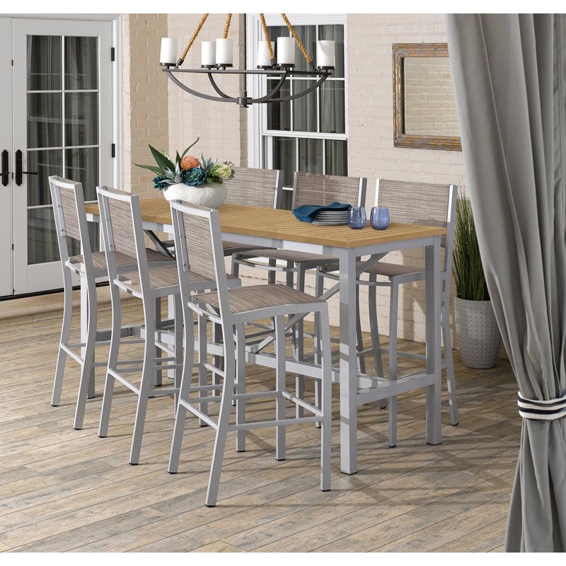 Travira 7 Piece Bar Height Dining Set, Bellows, Silver/Gray 