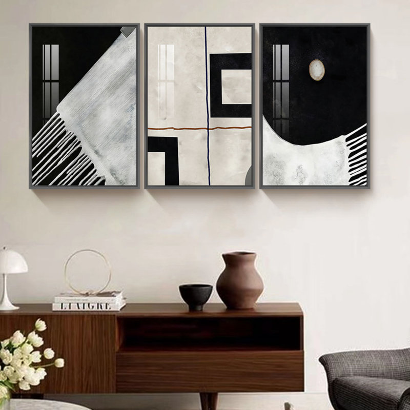 Abstrait - ensemble de 3 reproductions d'art sur toile encadrées, L 37 po x H 17 po, Cadre noir
