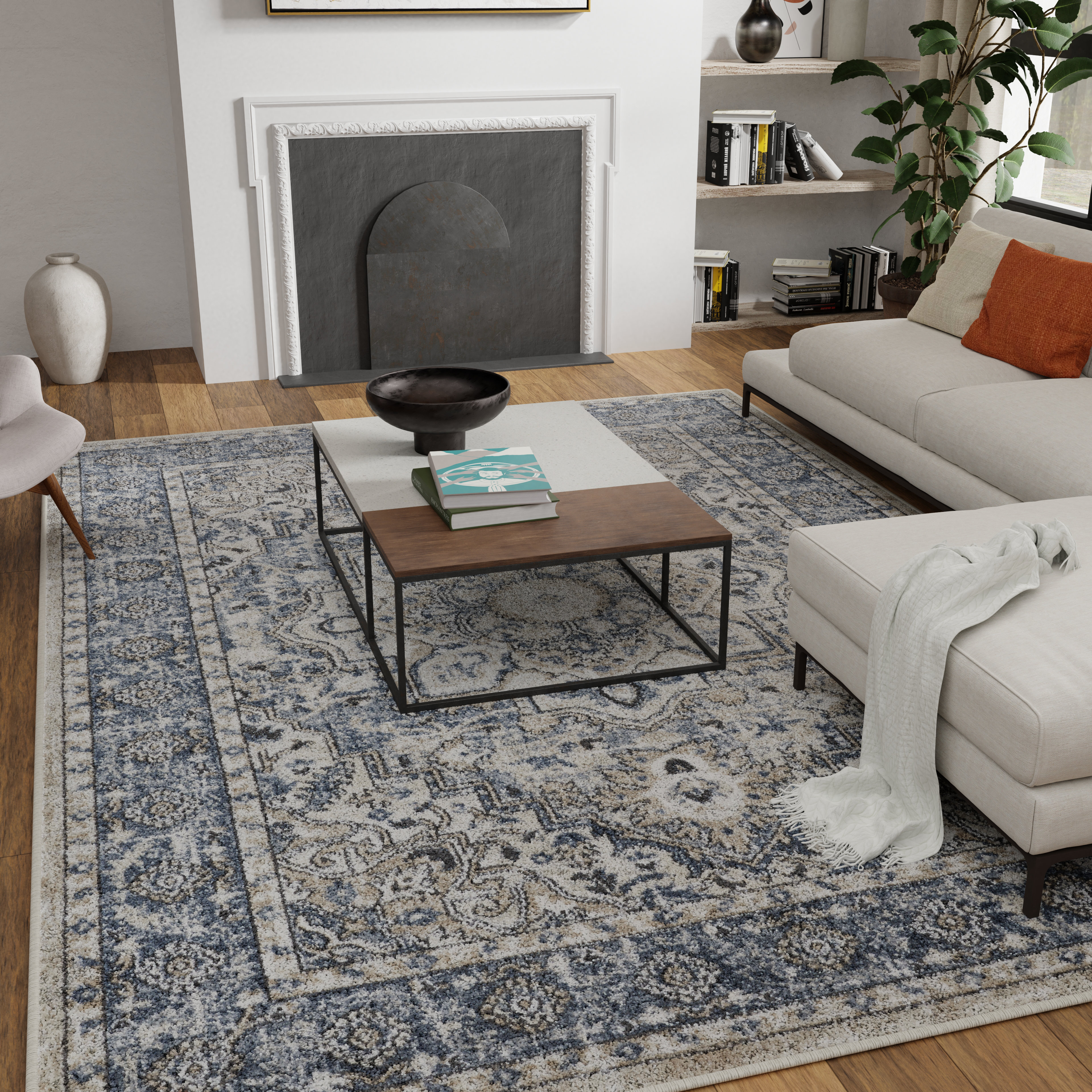 Aldijana Oriental Machine Woven Polypropylene Area Rug in Blue/Cream