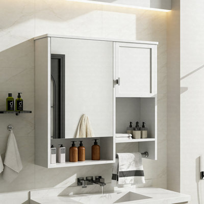 Armoire à pharmacie murale 29 po x 28 po avec miroir, rangement au-dessus de la toilette avec barre à serviettes