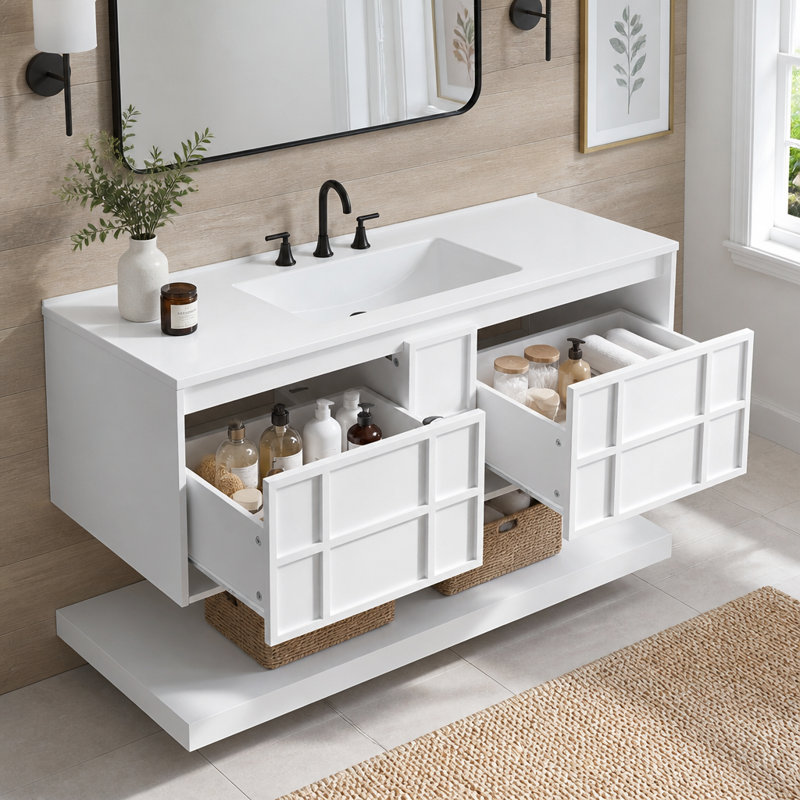 Meuble-lavabo mural de 48 pouces (122 cm) avec 2 tiroirs, une tablette inférieure ouverte et sans poignées.