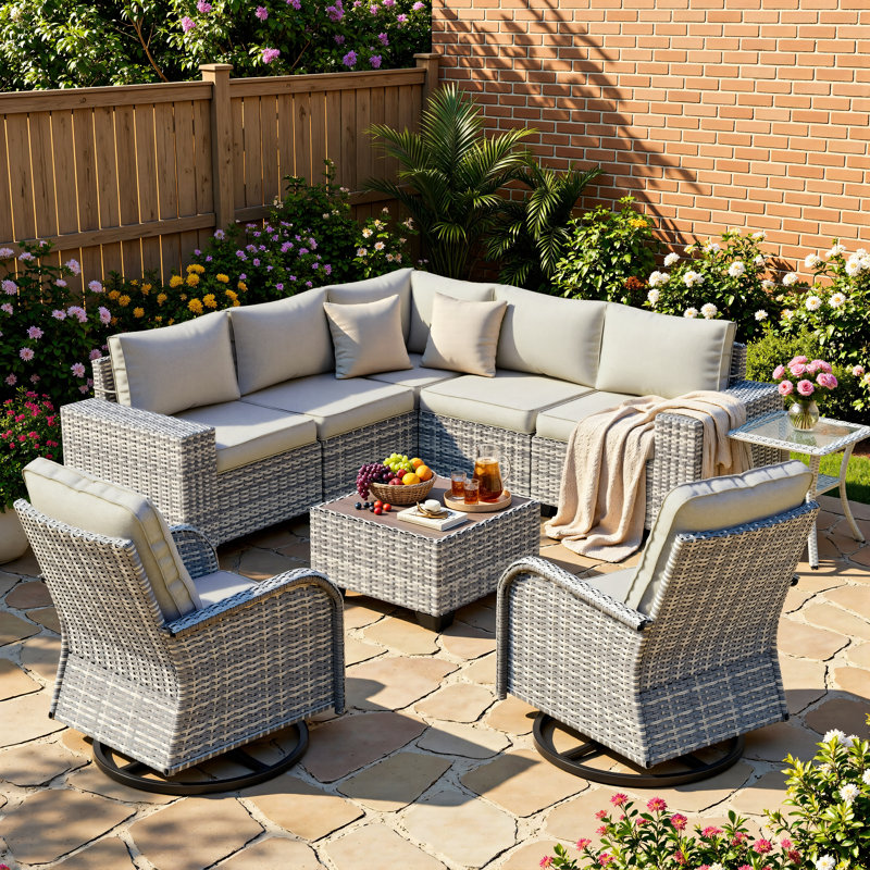 9-Piece Outdoor HDPE Wicker Patio Conversation Set With Wide Armrests, Sectional Sofa & Swivel Chairs, Beige