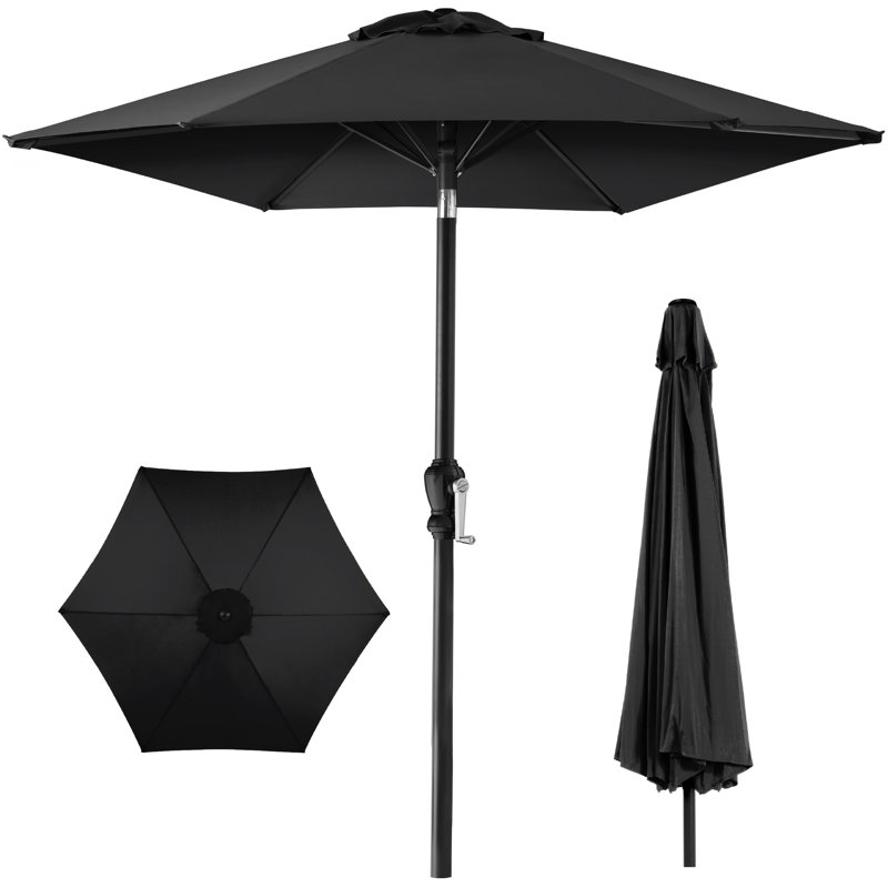 Parasol de marché extérieur en acier 10 pi avec manivelle Shovon, bouton-poussoir inclinable, 6 baleines, Noir