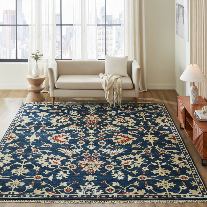 Sovereign Navy Ivory Floral Hand Knotted Wool Area Rug, Rectangle 2' x 3'