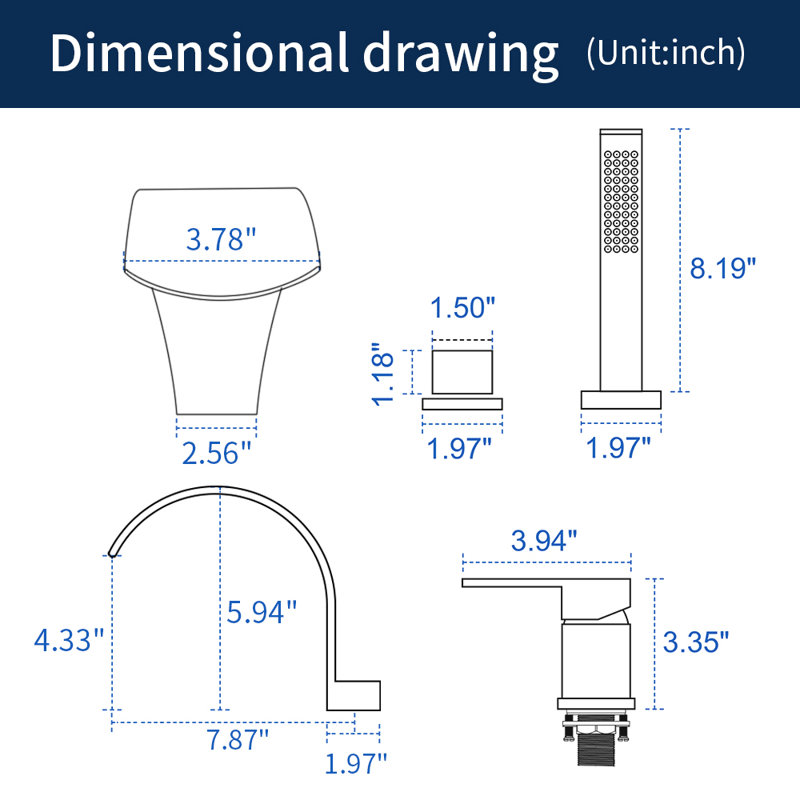 Modern Roman Tub Faucet With Hand Shower, Waterfall Deck Mount Bathtub Filler Faucet With Sprayer, Widespread 4-holes Tub Shower Faucet Set