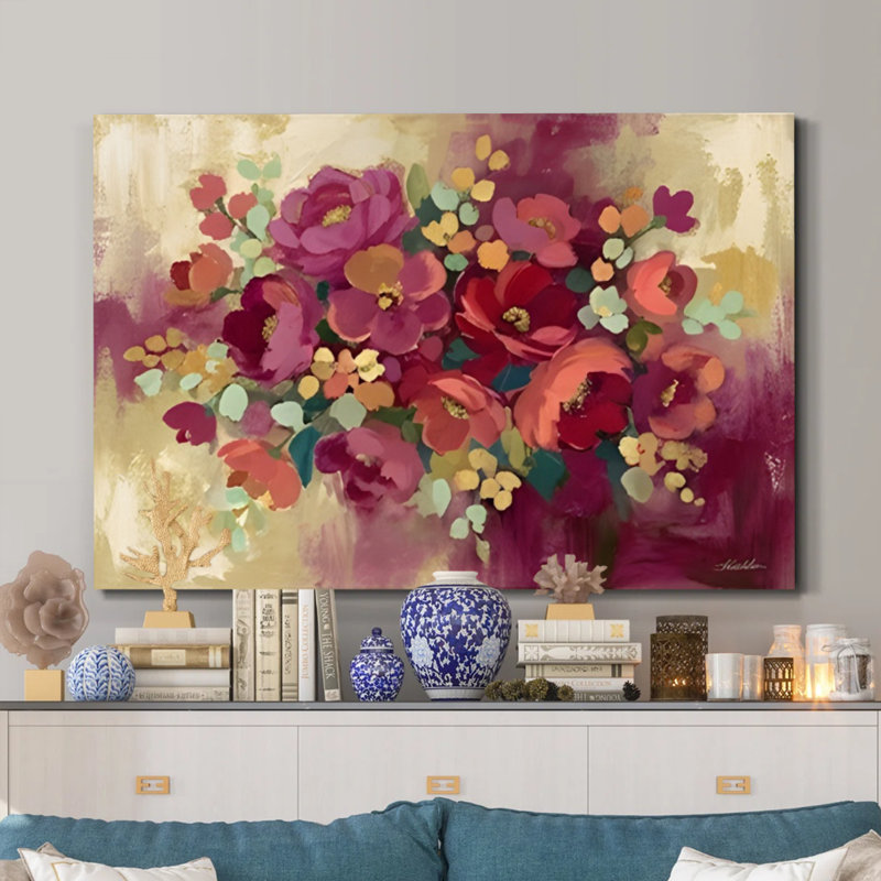 «Vibrant Garden», impression sur toile impressionniste encadrée rose rouge et jaune