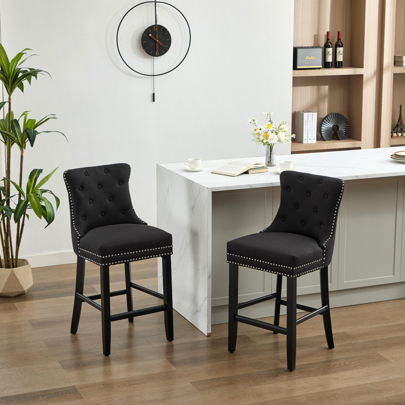 27.5'' Upholstered Bar Counter Stool with Solid Wood Frame(Set of 2), Black