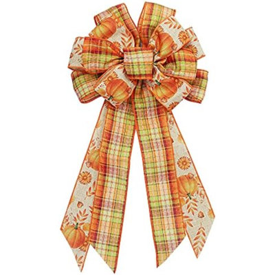 Grand nœud d'automne pour couronne, nœud de citrouille et feuilles, nœud de récolte, nœud à carreaux pour couronne de Thanksgiving, nœuds pour porte d'entrée, décoration murale intérieure et extérieure d'automne, fournitures et ornements