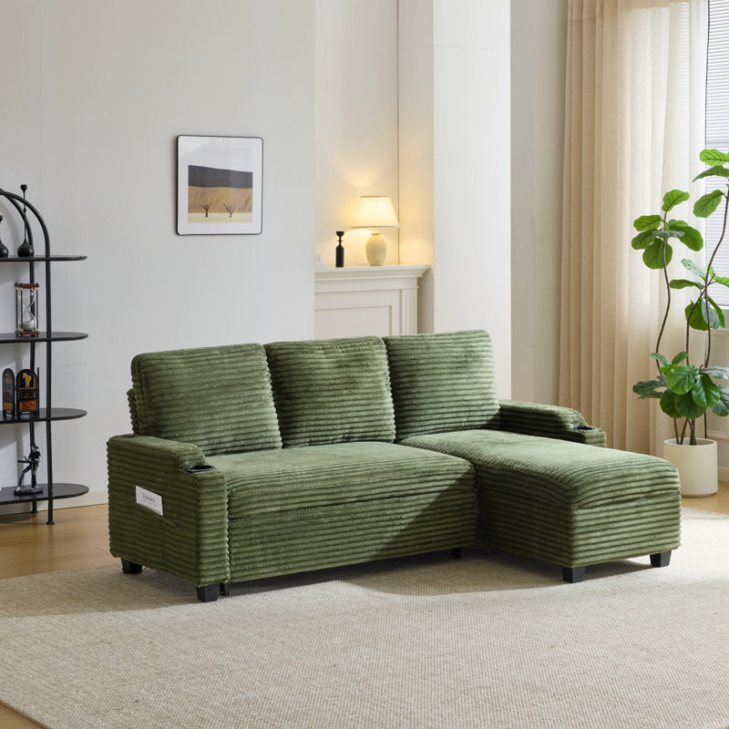 L‑Shaped Corduroy Pull‑Out Sofa Bed with USB Charging, Cup Holders & Storage Chaise, Green