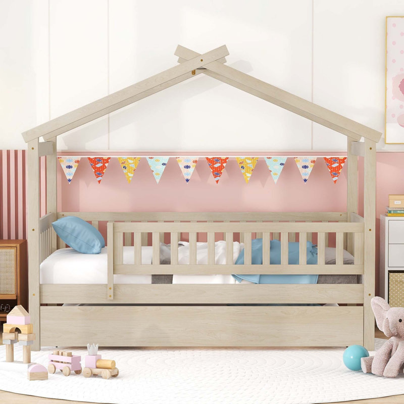 Wooden House Bed With Trundle, Natural, Twin