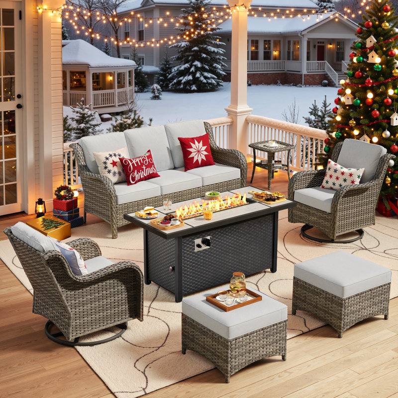 Cracraft 7-Piece Wicker Patio Furniture Set with 54-Inch Fire Pit, All-Weather Outdoor Seating Set, Swivel Rocker Chairs for Backyard, Porch, Poolside, Garden, Deck