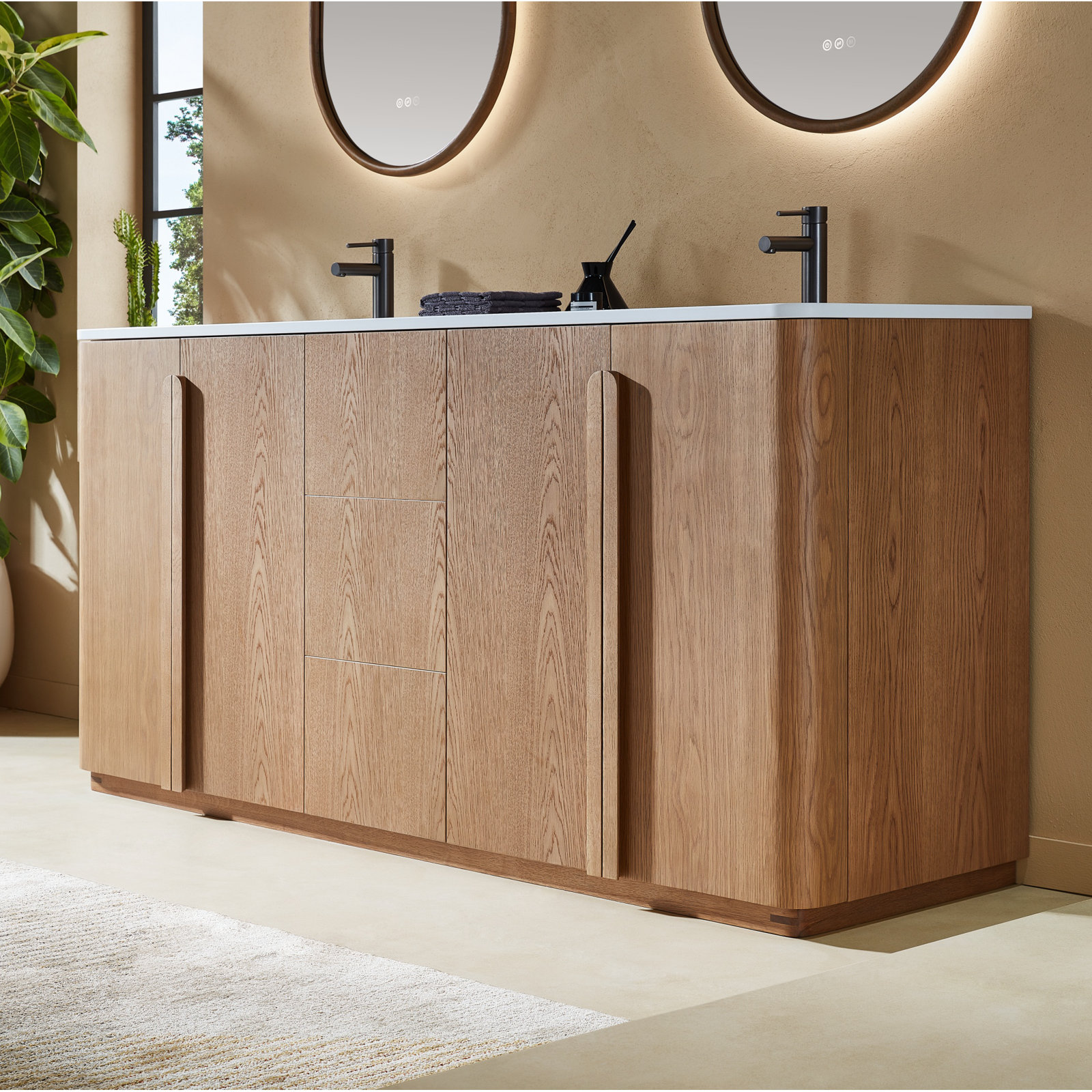 Greely 72" Teak Double Sink Bathroom Vanity with Quartz Top, Natural Teak