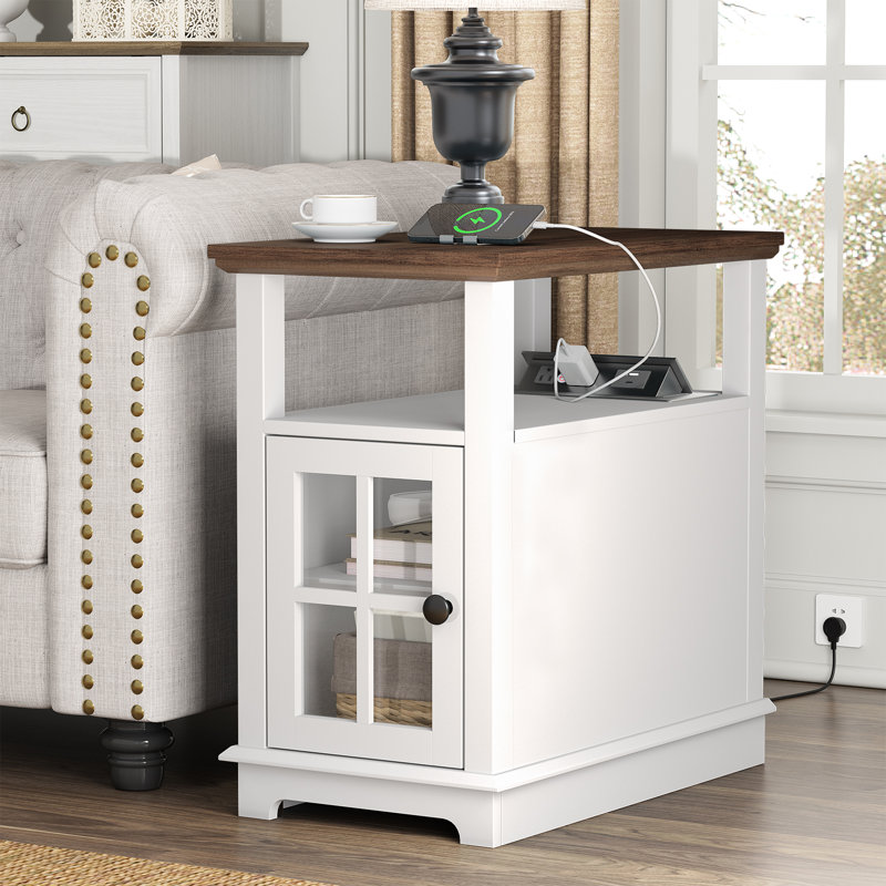 Boxley Tray Top End Table and Built-In Outlets, Brown Top/White Base