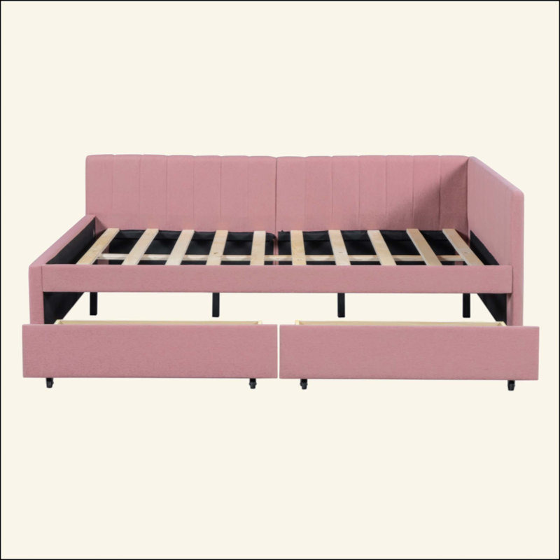 Lit de jour rembourré avec cadre de canapé-lit à 2 tiroirs de rangement, Pink