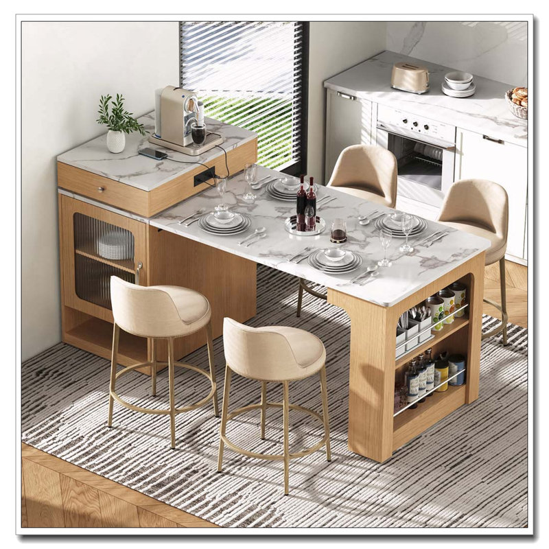 59.5"Kitchen Island With Extendable Dining Table, Kitchen Storage Table With Double-Sided Storage, Kitchen Island With 2 Drawers, Power Outlet, Side Open Shelves, For Kitchen