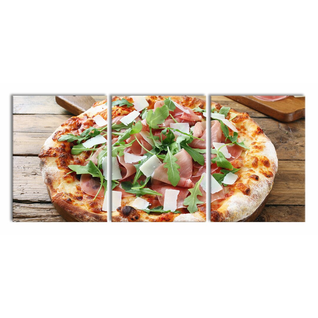 3-tlg. Leinwandbilder-Set Prosciutto Pizza on Wooden Table