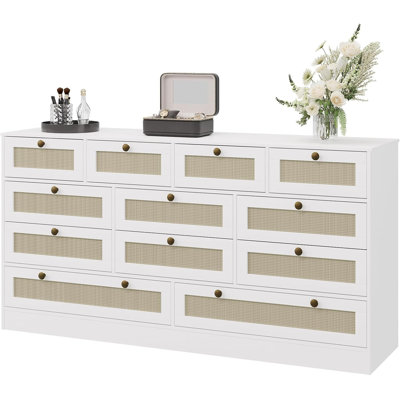 Wood Dressers for Bedroom with 12 Rattan Drawers, 61" Wide Chest of Drawers for Living Room, Hallway, Wooden Closet Dressers, Modern TV Stand Dresser